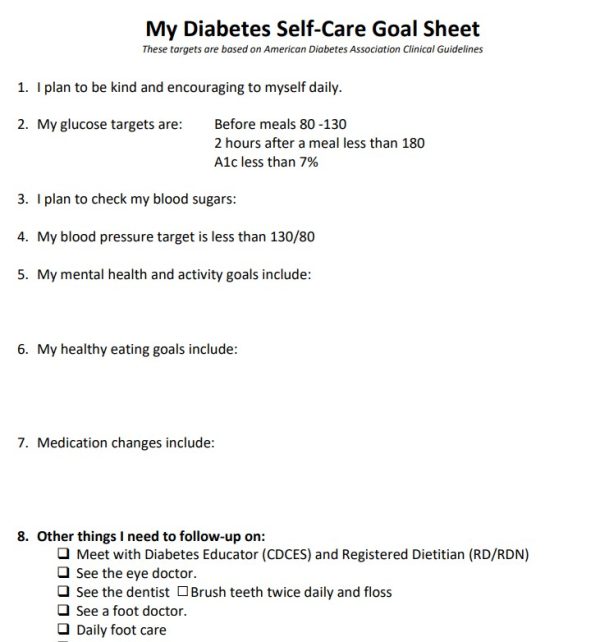 Diabetes self-care goal sheet with detailed targets.