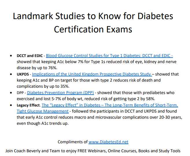 Key studies for diabetes certification exams details.