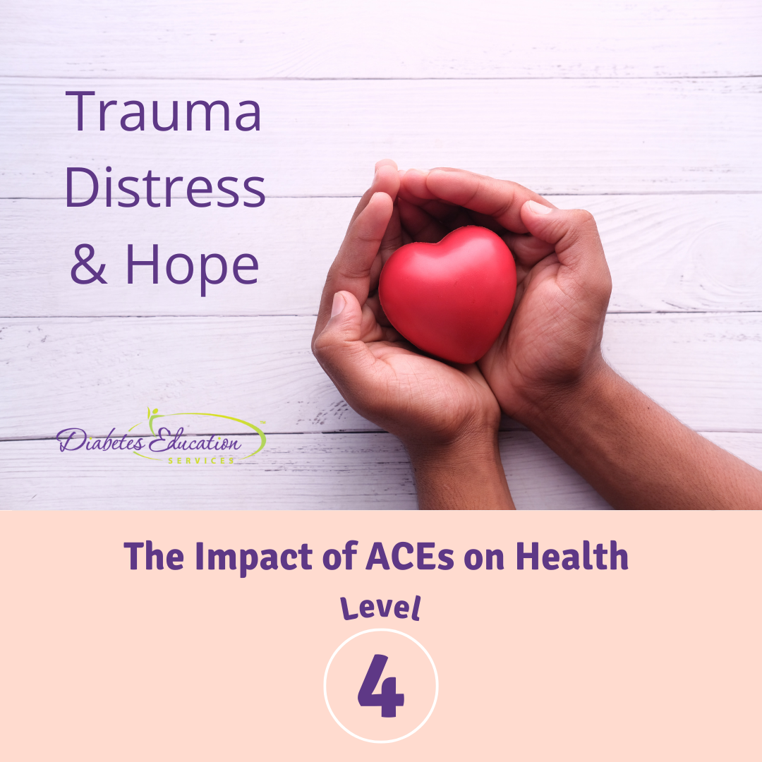 Hands holding heart, trauma and hope message.