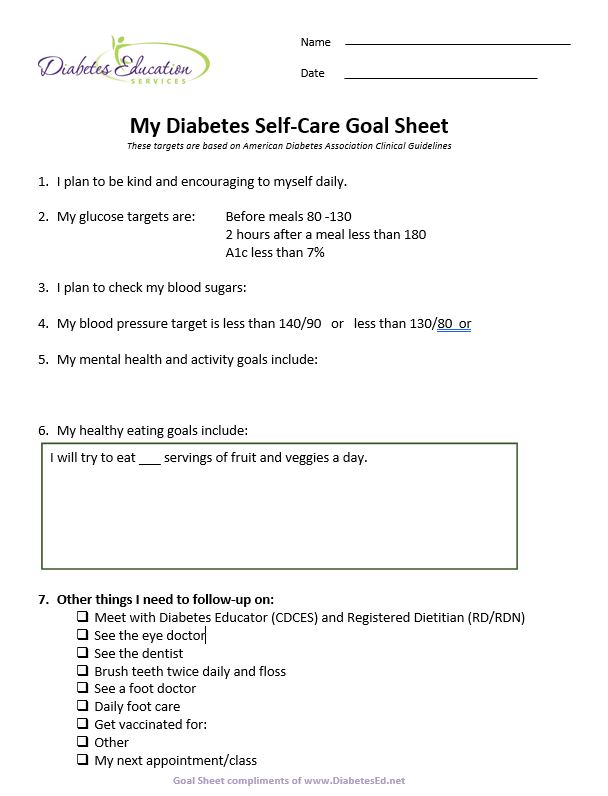 Self-care goals for diabetes