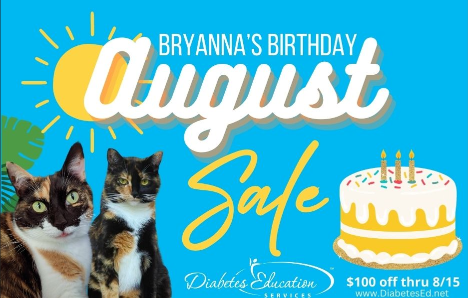 Bryanna's Birthday August Sale with cats and cake.