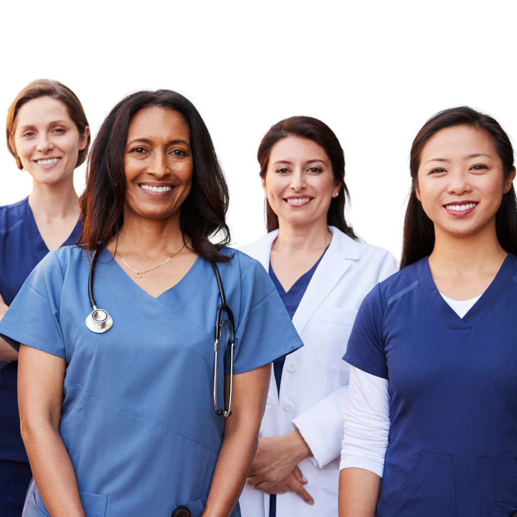 Smiling healthcare professionals in scrubs and lab coat