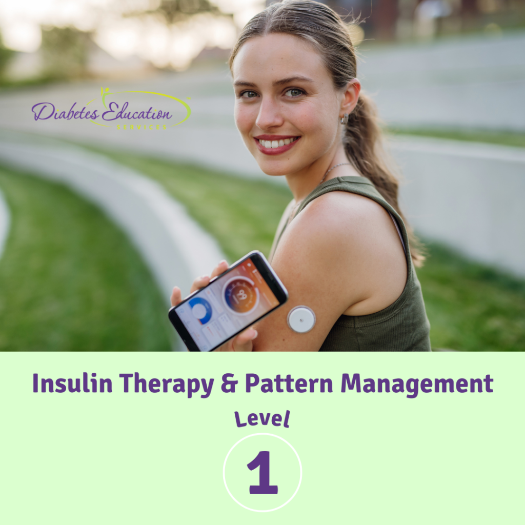 Woman using insulin monitor and app, smiling outdoors.