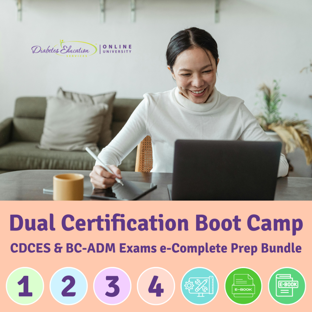 Woman studying for CDCES, BC-ADM certification online.