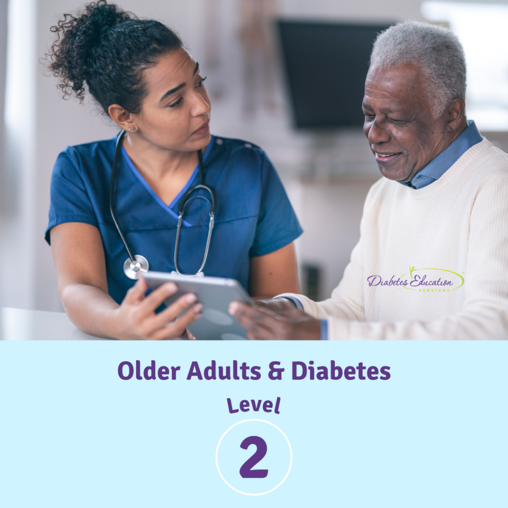 Nurse discusses diabetes with older patient, Level 2 course.